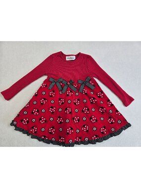 Rare Editions Girls Ladybug Dress Red/Black Long Sleeve Size 5